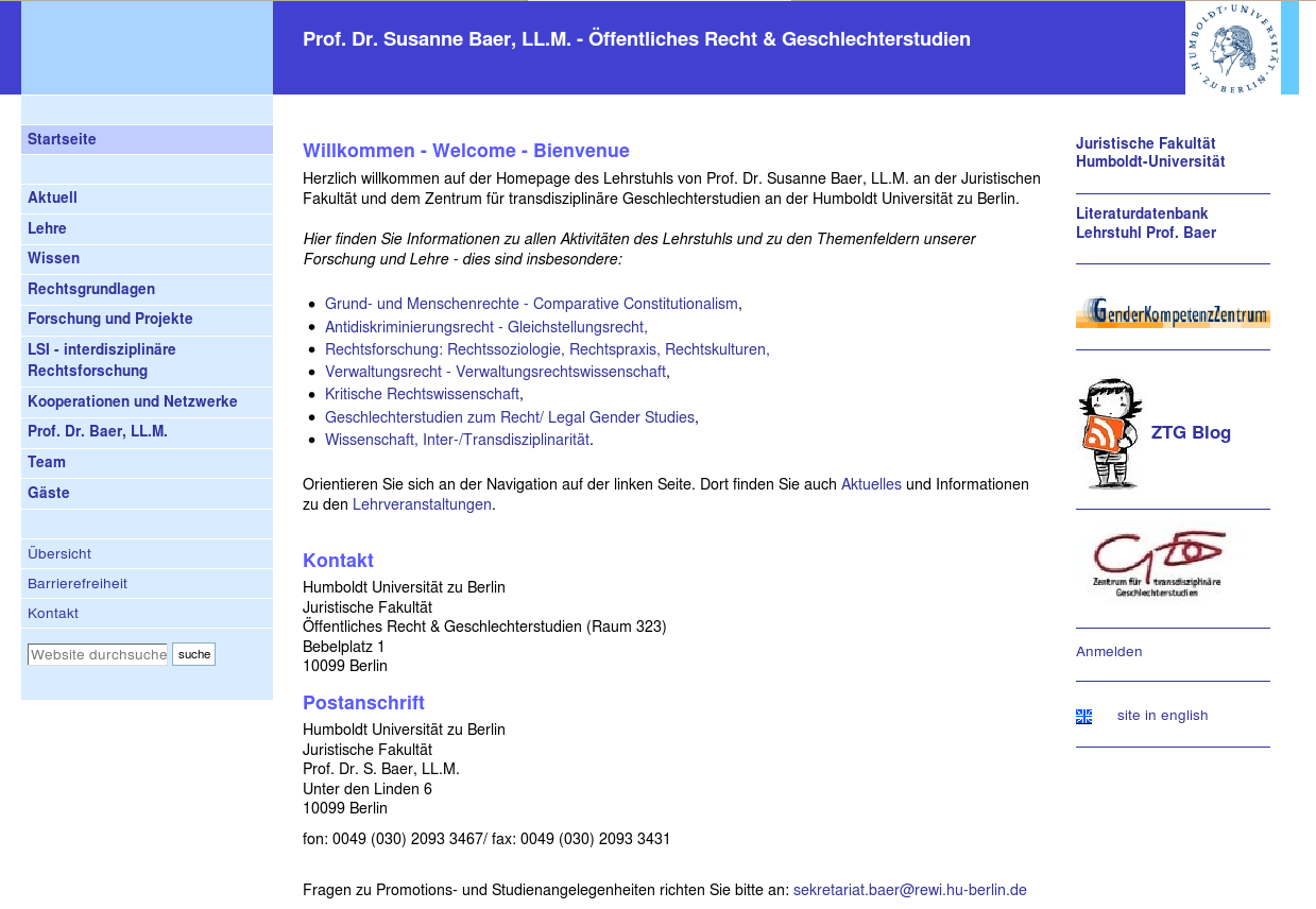 Screenshot der Website des Lehrstuhls von Prof. Dr. Susanne Baer